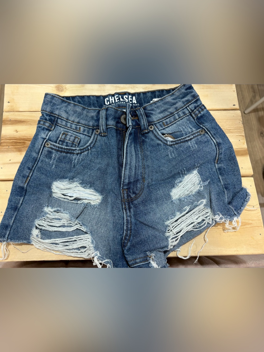 Chelsea Distressed High-Waist Denim Shorts - Blue